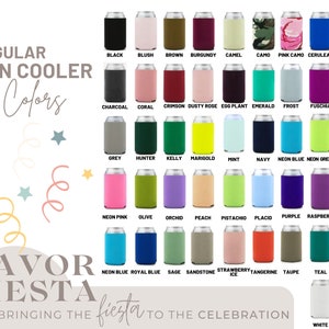 Puede incluir: Una variedad de enfriadores de latas regulares en varios colores, incluyendo negro, camuflaje rosa y verde ne&oacute;n. La imagen muestra el texto "REGULAR CAN COOLER Colors" y "FAVOR FIESTA" con la frase "BRINGING THE fiesta TO THE CELEBRATION".