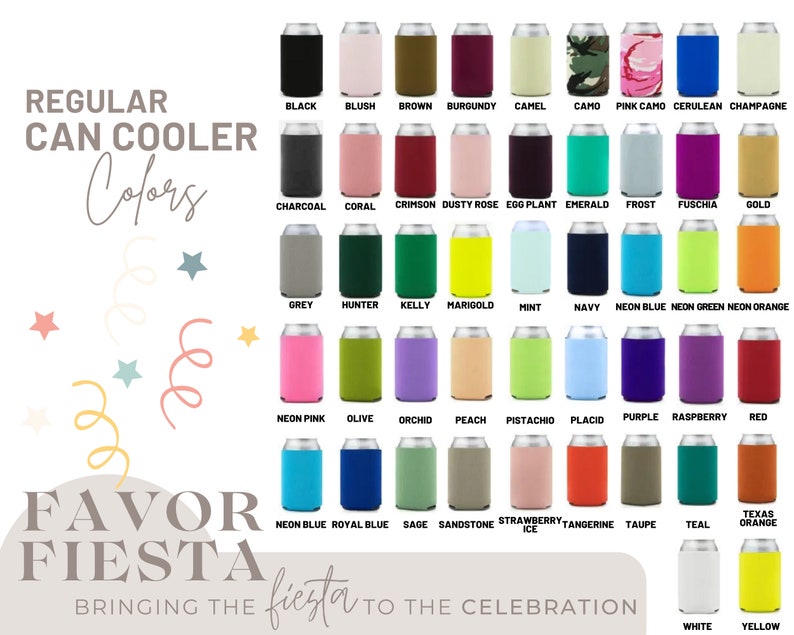 Puede incluir: Una variedad de enfriadores de latas regulares en varios colores, incluyendo negro, camuflaje rosa y verde ne&oacute;n. La imagen muestra el texto "REGULAR CAN COOLER Colors" y "FAVOR FIESTA" con la frase "BRINGING THE fiesta TO THE CELEBRATION".