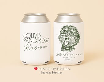 Custom Dog Wedding Can Cooler | Drinks On Me Pet Favor | Personalized Couple Name and Date | Pet Illustration Wedding favor | Popular