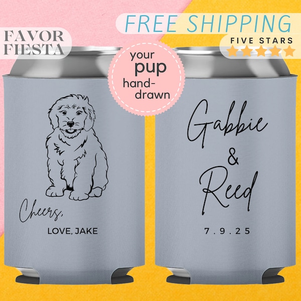 Custom Wedding Can Cooler with Personalized Handdrawn Line Art of Your Pet Unique Beverage Holder for Pet Loving Couples Wedding Favor