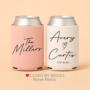 Two personalized wedding can cooler sleeves in blush and cream, one with custom last name and one with modern script couple names and wedding date.