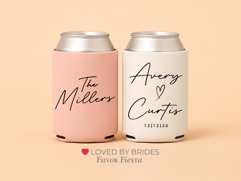 Two personalized wedding can cooler sleeves in blush and cream, one with custom last name and one with modern script couple names and wedding date.