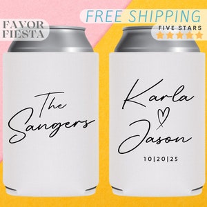 May include: Two white can coolers with black text. The left cooler says "The Sangers". The right cooler says "Karla & Jason 10|20|25".