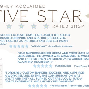 Puede incluir: Gr&aacute;fico con el texto "HIGHLY ACCLAIMED FIVE STAR RATED SHOP" y rese&ntilde;as de clientes. Las rese&ntilde;as mencionan vasos de chupito, servilletas, koozies y tazas. El nombre de la tienda es FavorFiesta.