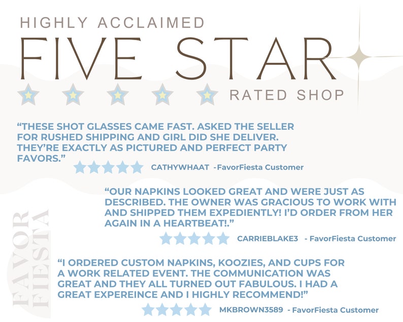 Puede incluir: Gr&aacute;fico con el texto "HIGHLY ACCLAIMED FIVE STAR RATED SHOP" y rese&ntilde;as de clientes. Las rese&ntilde;as mencionan vasos de chupito, servilletas, koozies y tazas. El nombre de la tienda es FavorFiesta.