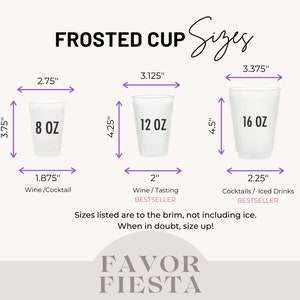May include: A chart showing the sizes of frosted plastic cups in 8, 12, and 16 ounce sizes. The chart includes the height and width of each cup in inches. The 12 ounce cup is labeled as a bestseller.
