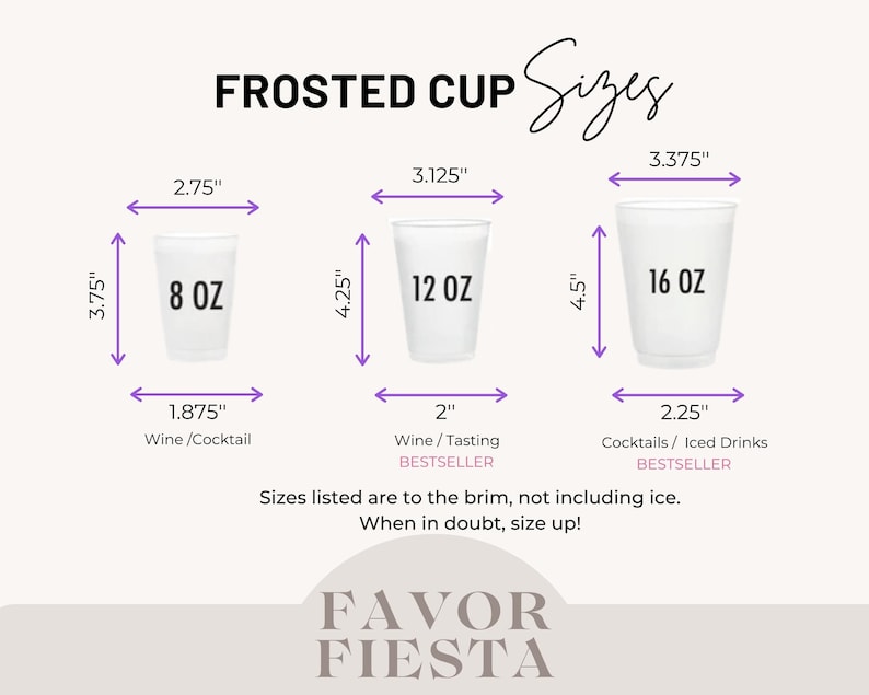 May include: A chart showing the sizes of frosted plastic cups in 8, 12, and 16 ounce sizes. The chart includes the height and width of each cup in inches. The 12 ounce cup is labeled as a bestseller.