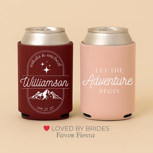 Custom Mountain Wedding Can Cooler | Adventure Wedding Favor | Mountain Monogram Drink Sleeve | Destination Wedding Favor | Name Date
