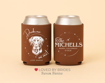 Custom Dog Wedding Can Coolers | Drinks Are On Me Favor | Personalized Family Name and Date | Pet Illustration Wedding Gifts | Rustic Favors