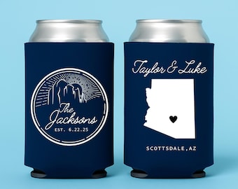Custom Wedding Can Coolers | Mountain Wedding | Scottsdale Wedding Favors | Custom Names & Date | Southwest Wedding Drink Sleeve | Any State