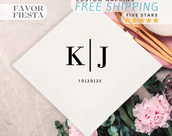 Custom Monogram Wedding Napkins, Personalized Initials Napkins, Minimalist Wedding Decor, Modern Script Cocktail Napkins, Engagement Napkins