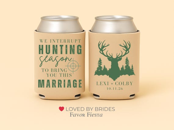 Personalized Wedding Koozies | Hunting Lovers Favors | Rustic Deer Wedding Can Coolers | Custom Names Date Drink Sleeves | Bridal Shower