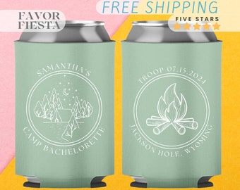 Personalized Camp Bachelorette Can Coolers | Popular Rustic Cabin & Bonfire Design | Custom Bachelorette Favors | Glamping Bach Can Coolers