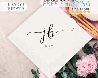 Custom Monogram Wedding Napkins, Personalized Initials Napkins, Minimalist Napkins, Modern Script Cocktail Napkins, Engagement Party Napkins