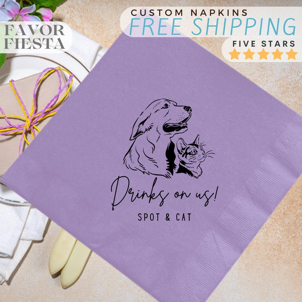 Dog Wedding Napkins, Personalized Napkins, Cocktail, Beverage, Luncheon, Dog drawing napkins, Drinks on Us