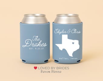 Personalized Texas Wedding Can Coolers | Custom State Wedding Design | State Pride Wedding Favors | Names Date Location Gift | Popular