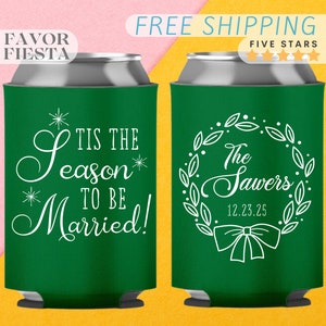 Custom Wedding Can Cooler, Customizable Beverage Holder for December, Wedding Favor for guest in bulk, Christmas Wedding, Winter Wedding