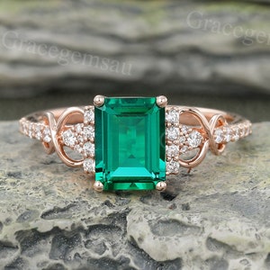 Lab Emerald Engagement ring Vintage Rose Gold Emerald Cut Green Gemstone Bridal Ring Art Deco Ring May Birthstone Anniversary Gift for Women