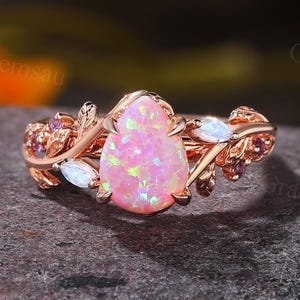 Natural inspired Pear cut Lab Pink Opal Engagement ring Twig Vine Rose Gold band wedding ring Marquise Moonstone Amethyst ring Promise Ring
