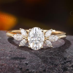 Oval cut Moissanite Engagement ring Vintage Yellow Gold band Marquise diamond Marriage ring Promise Bridal ring Anniversary Wedding ring