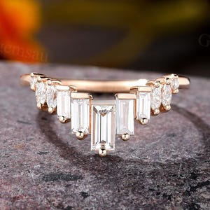 Art-Deco-Baguette-Schliff Diamant Gebogener Ehering Roségold passender Ring Marquise-Lab-gewachsener Diamant Versprechen Jahrestag Brautring Geschenk