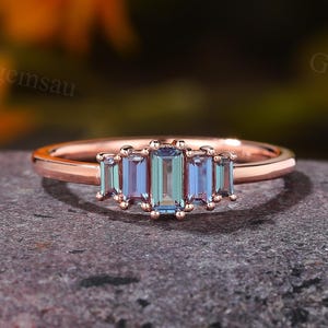 Dainty Baguette cut Alexandrite engagement ring Unique Rose gold June Birthstone ring Art deco ring for women Bridal Wedding ring Promise
