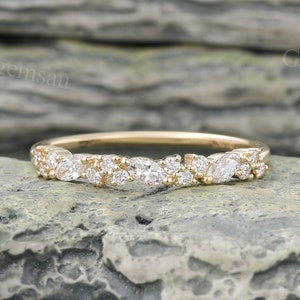 Marquise cut Diamond Wedding band Unique Yellow gold Diamond wedding band Half eternity ring Bridal Matching Stacking Band Promise ring