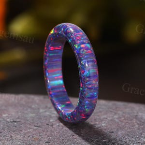 Full Eternity Polished Black Opal Wedding band Dainty Women&#39;s Promise Anniversary Stacking Bridal Ring Solid Gem ring Metal free Men&#39;s ring.