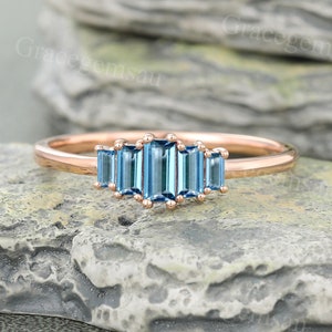 Baguette cut London Blue Topaz ring Vintage Rose gold engagement ring Unique Art deco ring 5 stone ring Bridal Wedding ring Anniversary ring