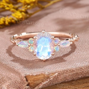Oval cut Moonstone ring Vintage Rose gold engagement ring Marquise cut Natural Opal ring Unique Twist ring Bridal wedding ring promise ring