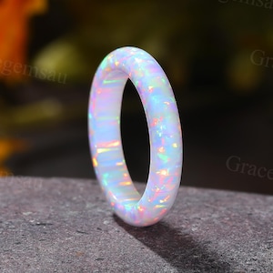 Full Eternity Polished Opal Wedding band Dainty Women&#39;s Promise Anniversary Stacking Bridal ring gift Solid Gem ring Metal free Men&#39;s ring.