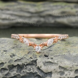 Marquise cut Diamond Curved wedding band Unique Rose gold Art Deco Leaf wedding band Stacking Matching Engagement promise ring for Women