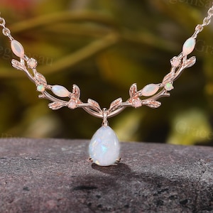 Colar de Opala Natural em Formato de Pera, Estilo Art Déco Vintage, com Pingente de Opala em Corte Marquise e Folha, Ideal para Mulheres, Presente de Aniversário ou Noivado