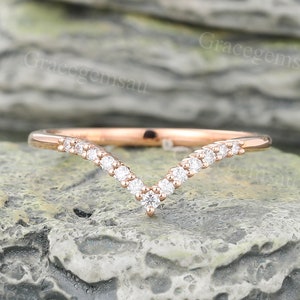 Rose gold Diamond Curved wedding band Vintage Chevron ring Round cut Moissanite ring Bridal band Stacking ring promise anniversary ring