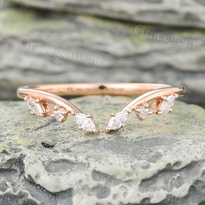 Vintage Open Curved wedding band Unique Rose gold Diamond Wedding band Marquise cut Moissanite ring Bridal Stacking ring Anniversary ring