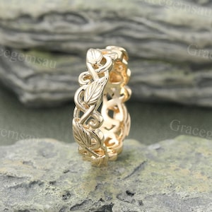 5 mm Vintage Laubsägearbeit geschnitztes Blatt Ehering Twist Blatt Gelbgold Ehe Band Versprechen des Mannes Ring Volle Ewigkeit Minimalist Ehering