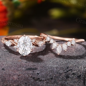 Oval cut Moissanite Engagement ring set Cluster Marquise diamond Wedding ring 3/4 Eternity twist Rose Gold band Promise Pear Bridal ring set