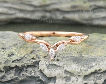 Marquise cut Moissanite wedding band Unique rose gold Vintage Curved wedding band Moissanite Diamond ring Bridal Stacking Matching band