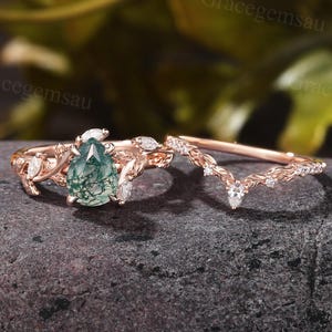 Pear shaped Moss agate Engagement ring set Rose Gold Leaf Matching Wedding ring Marquise Moissanite diamond Promise Botanical Bridal set