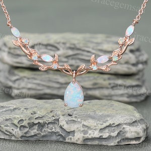 Pear Shaped Natural Opal Necklace Vintage Rose gold Art deco Leaf Marquise cut Opal Necklace Pendant for Women Anniversary Bridal Gift