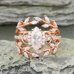 Marquise Cut Moissanite Ring Set Vintage Rose Gold Double Curved Marquise cut Moissanite wedding band Art Deco Twist Promise Bridal Ring Set