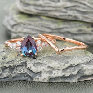Pear cut Alexandrite Engagement ring set 14K Rose Gold Minimalist Wedding ring Cluster Marquise diamond Bridal set Promise Marriage ring set