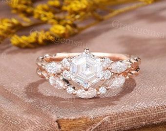 Zeshoek gesneden Moissanite verlovingsring set Vintage Rose goud Marquise vormige Moissanite 3/4 eeuwigheid gedraaide trouwring Vrouwen belofte ring