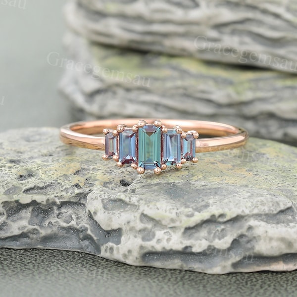 Dainty Baguette cut Alexandrite engagement ring Unique Rose gold June Birthstone ring Art deco ring for women Bridal Wedding ring Promise