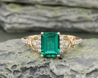 Lab Emerald Engagement ring Unique Solid Gold Emerald Cut Green Gemstone Bridal Ring Art Deco Ring May Birthstone Anniversary Gift for Women