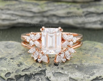 Emerald cut Moissanite engagement ring set Vintage Rose gold Moissanite ring set Marquise Open Curved Wedding Bridal set anniversary gift