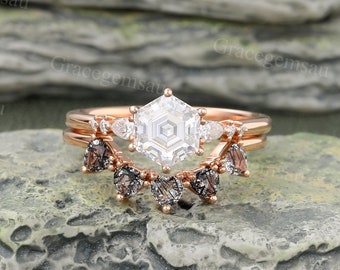 Hexagon cut Moissanite engagement ring set Vintage Rose gold Diamond Trillion cut Black rutilated quartz wedding band promise ring for women