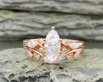 Marquise cut Moissanite engagement ring set Vintage Rose gold Diamond Open Curved ring set  Art Deco promise ring women anniversary gift