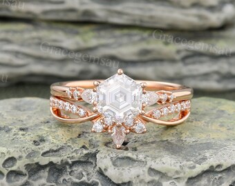 Moissanite Verlobungsring Set Vintage Rose Gold Diamant Marquise Ehering Set Art Deco Twisted Versprechen Ring für Frauen