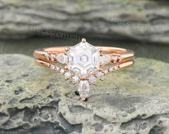 Sechseck geschnitten Moissanite Verlobungsring Vintage Rose Gold Ring Diamant Braut Set Marquise geschnitten Hochzeit Band Versprechen Ring für Frauen Geschenk